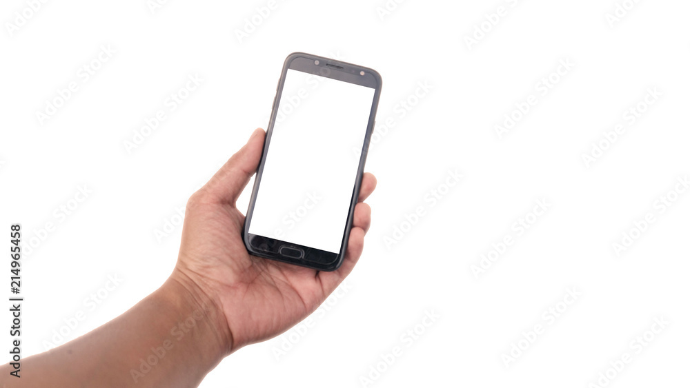 Man holding a telephone white screen - isolated on white Background. Man holding a telephone white screen - isolated on white Background.
