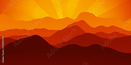 Simple landscape with mountains over sun, panorama scale ratio 8:4 