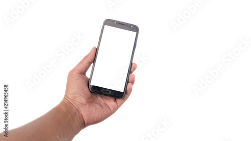 Man holding a telephone white screen - isolated on white Background.