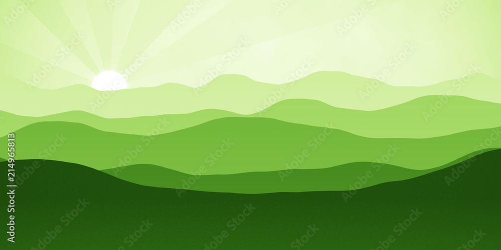 Simple landscape with mountains over sun, panorama scale ratio 8:4 