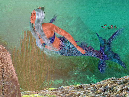 Marine Mermaid - A beautiful mermaid crowned with seashells swims gracefully underwater through a marine reef.
