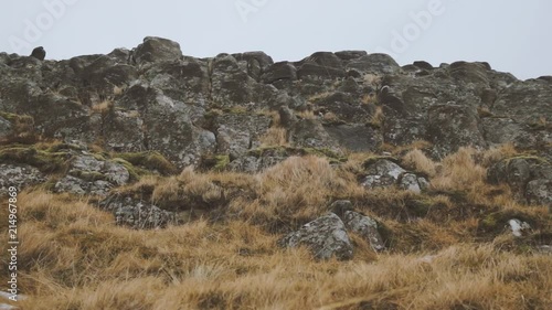 Rocky cliffs of Skagaströnd, Iceland, a fishing village in the north of Iceland. Filmed in the winter months in the cold ice and snow. photo