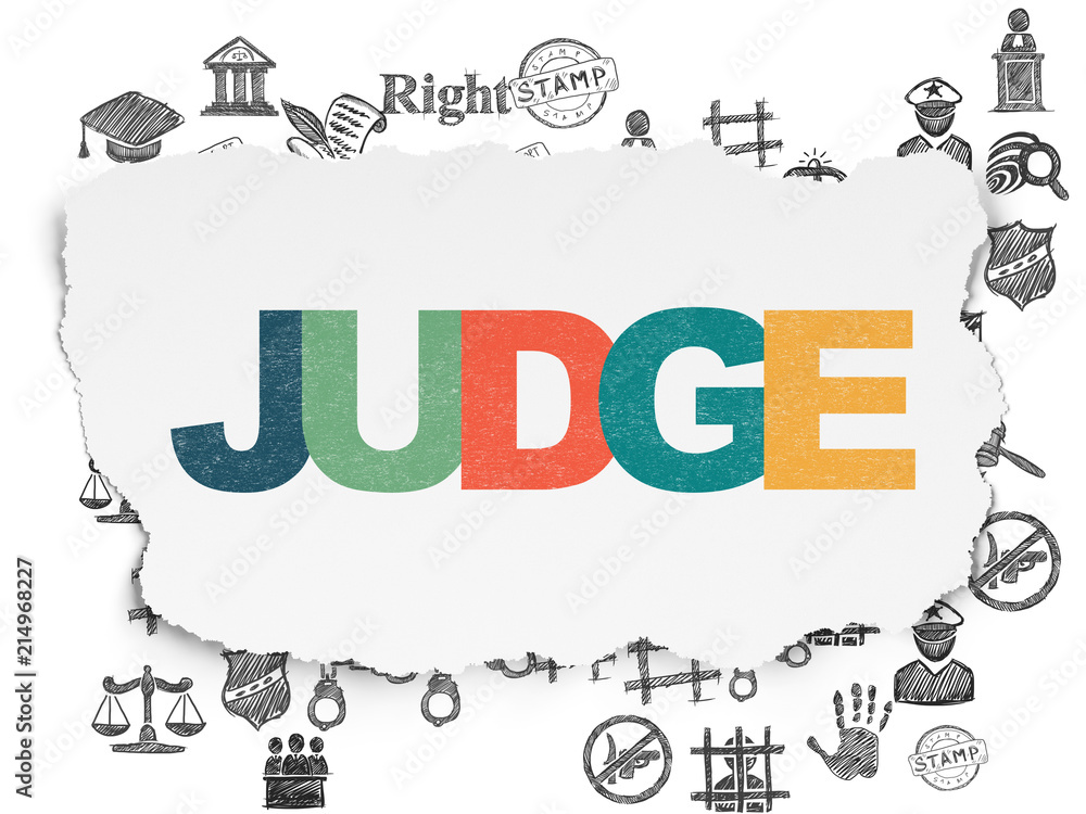 Law concept: Painted multicolor text Judge on Torn Paper background with  Hand Drawn Law Icons