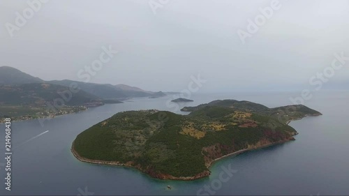 Aerial shot of Trizonia island located in Corinth gulf Greece. photo