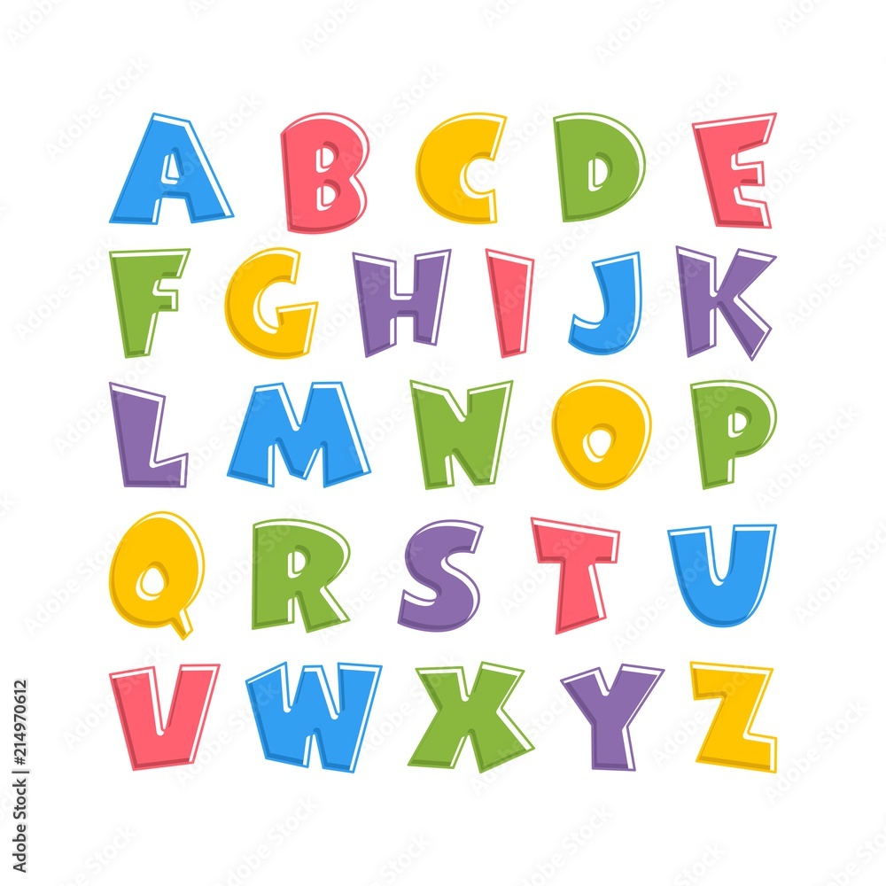 Alphabet for kids in the cartoon style. Children's font with pink, blue, yellow, green and purple letters. Vector illustration on white background. Alphabet for kids in the cartoon style. Children's font with pink, blue, yellow, green and purple letters. Vector illustration on white background.