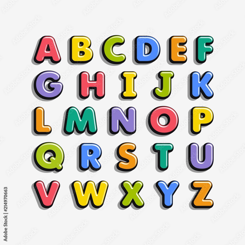 Alphabet for kids in the cartoon style. Children's font with colorful