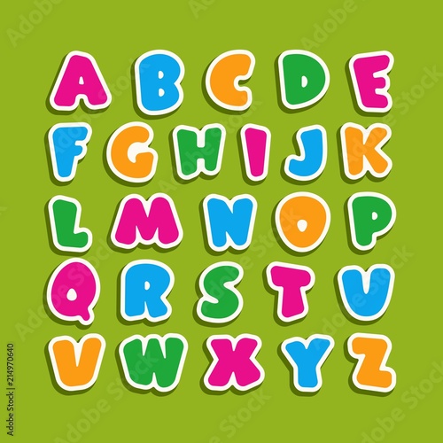 Alphabet for kids in the cartoon style. Children s font with pink  blue  yellow and green letters. Vector illustration on green background.