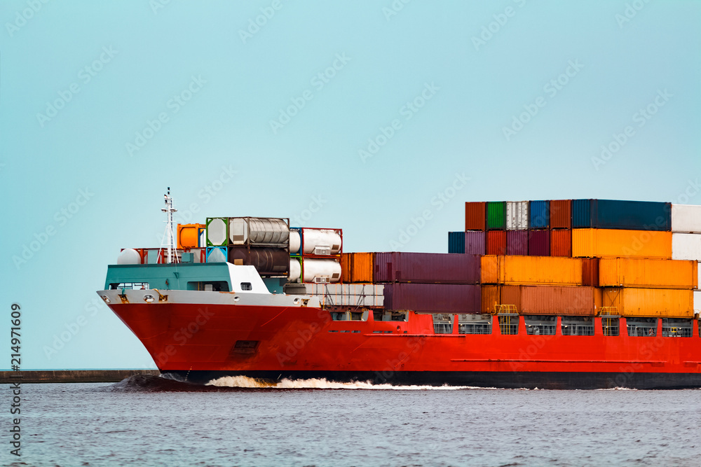 Fototapeta premium Red container ship underway