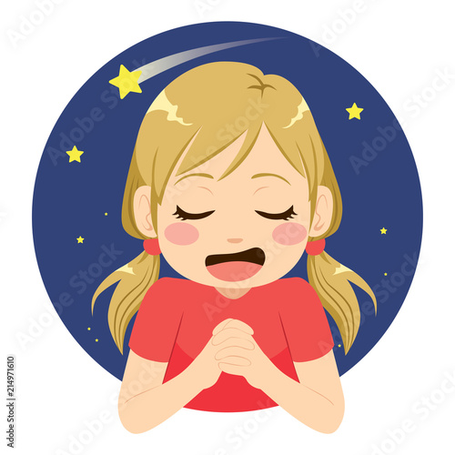 Beautiful little girl making wish praying to shooting star with happy face expression