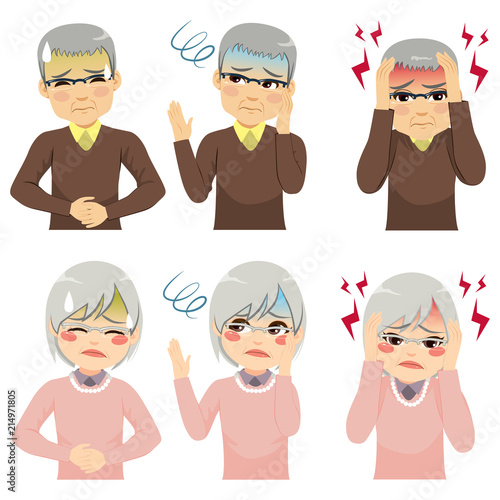 Senior people suffering from headache stomachache fainting different health symptoms concept