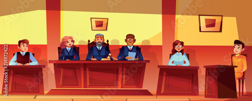 Court hearing vector illustration of courtroom interior background. Judges, prosecutor or advocate man, legal secretary woman and accused or defendant sitting at judge table