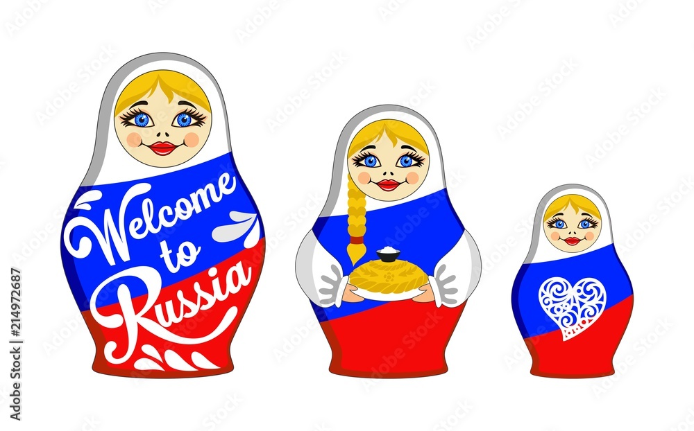 Set of Nesting dolls. Inscription Welcome to Russia, bread and salt, heart. Russian traditional toy. Babushka or matryoshka. Symbol for card and invitation. Colors of the Russian flag. Vector. Set of Nesting dolls. Inscription Welcome to Russia, bread and salt, heart. Russian traditional toy. Babushka or matryoshka. Symbol for card and invitation. Colors of the Russian flag. Vector.