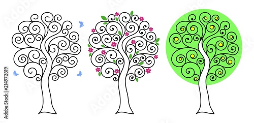Set of trees with curls. Blue butterflies fly around. Graphic silhouette of sakura with pink flowers and green leaves. Lemon tree. Thin black lines. Flat style. Vector illustration.