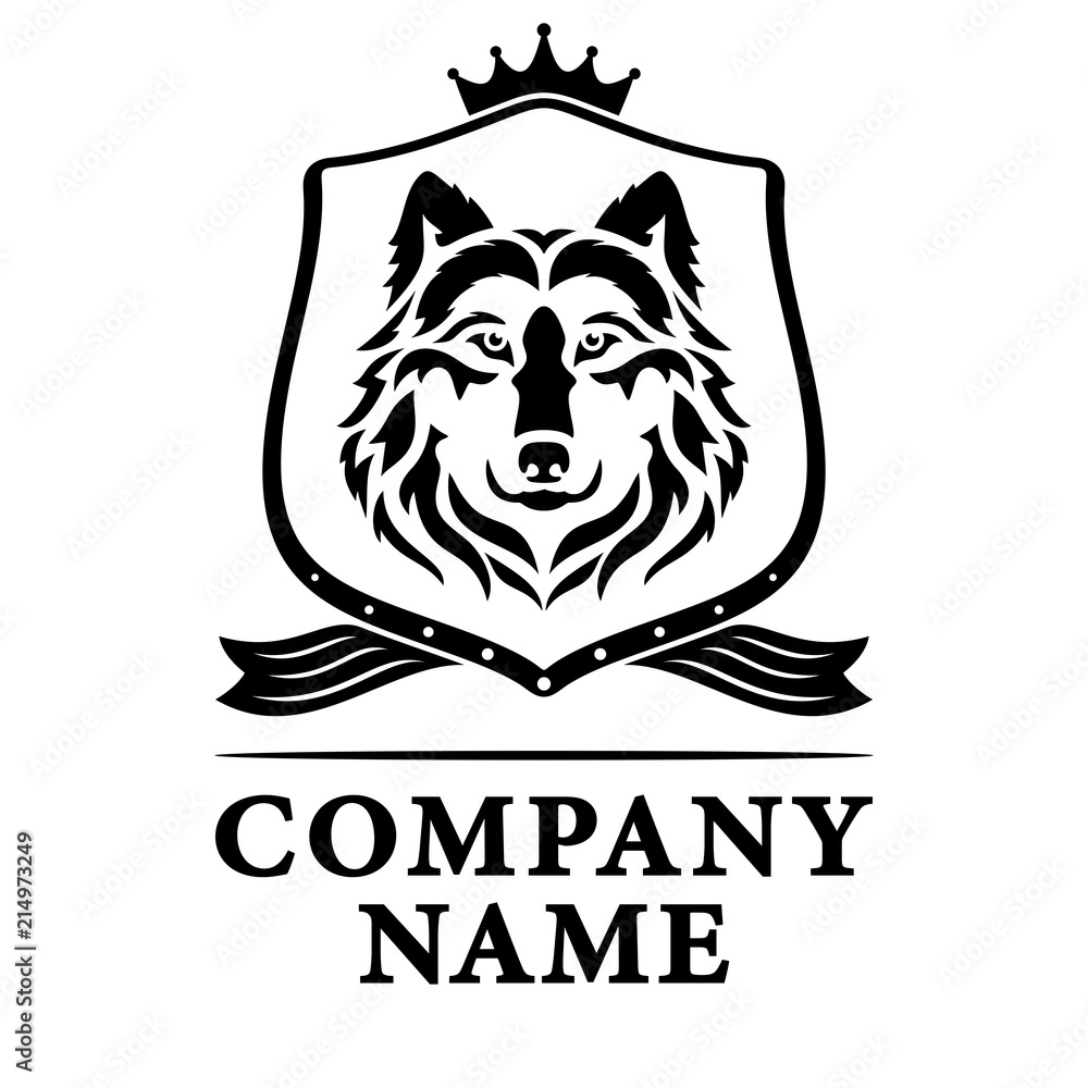 Logo wolf on the shield. Black and White. Vector illustration.