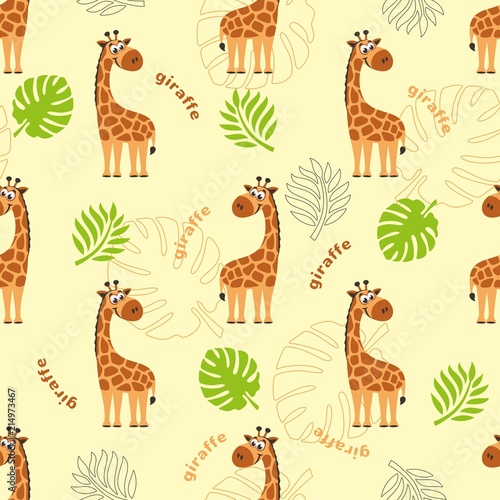 A seamless pattern with a giraffe, palm leaves, tropical leaves and the inscription Giraffe. Cartoon background. Vector illustration.
