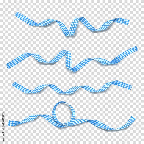 Collection of blue and white satin ribbons. Set of curved tapes with traditional Oktoberfest colors isolated on transparent background. Vector illustration.