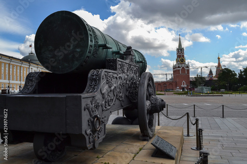 2018 July 03 - Moscow, the Kremlin. Inside the Kremlin wall is a royal cannon on Cathedral Square in Moscow. Back view. The gun is aimed at the inner part of the Kremlin's Spasskaya Tower
