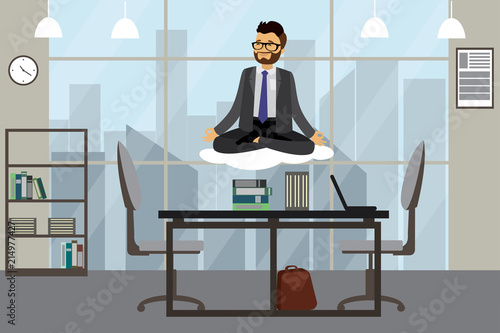 Businessman relax in lotus yoga pose,male in modern office
