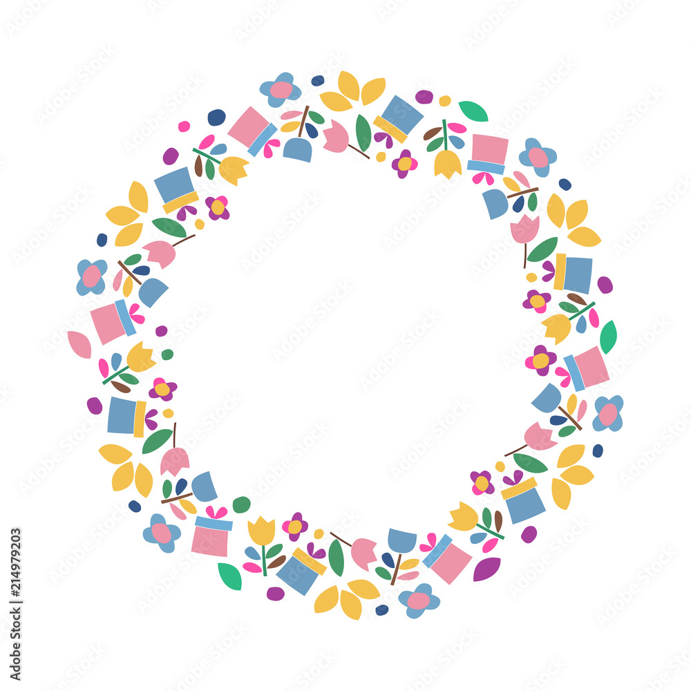 Vector frame with flowers and gifts icons on a white background. Cute border with simple element for kids and DIY project. Vector frame with flowers and gifts icons on a white background. Cute border with simple element for kids and DIY project.