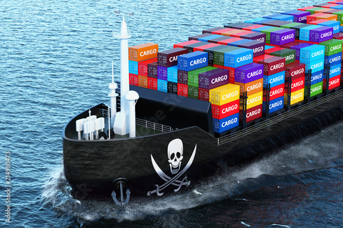 Fotografie Freighter ship with piracy smuggling cargo containers sailing in ocean, 3D rende