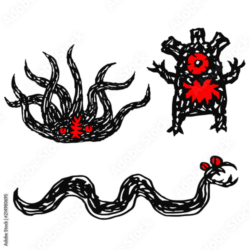 Funny monsters digital drawing set. Vector illustration.