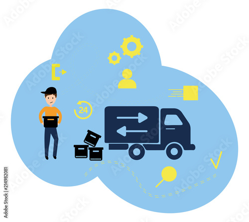 Vector illustration, flat style, various shops, discounts, purchase of goods and gifts, the concept of shopping and delivery of goods at home courier. Online orders.