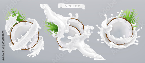 Coconut and milk splash. 3d realistic vector icon