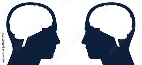 Two heads with brain silhouette facing each other. Symbol for same or different kind of thoughts, intelligence or communication, for thought-reading, telepathy, adverse opinions, contrary ideas.