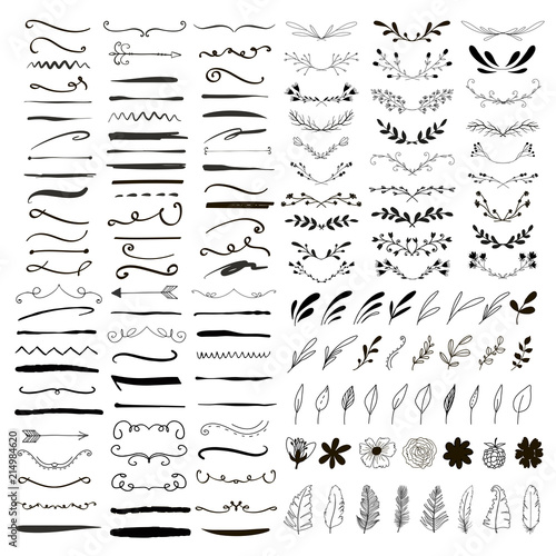 Line borders, text dividers and laurel design elements. Vector illustration