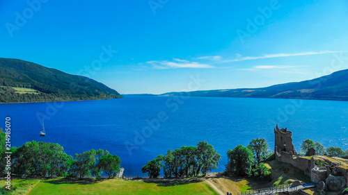 Urquhart Castle at Loch Ness in the Scottish Highlands - aerial view