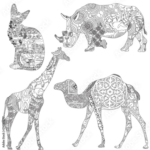 Set of animal characters of African countries. Cat - Egypt, giraffe - Tanzania, rhinoceros - Kenya, camel - Morocco. Decorated with ethnic ornaments.