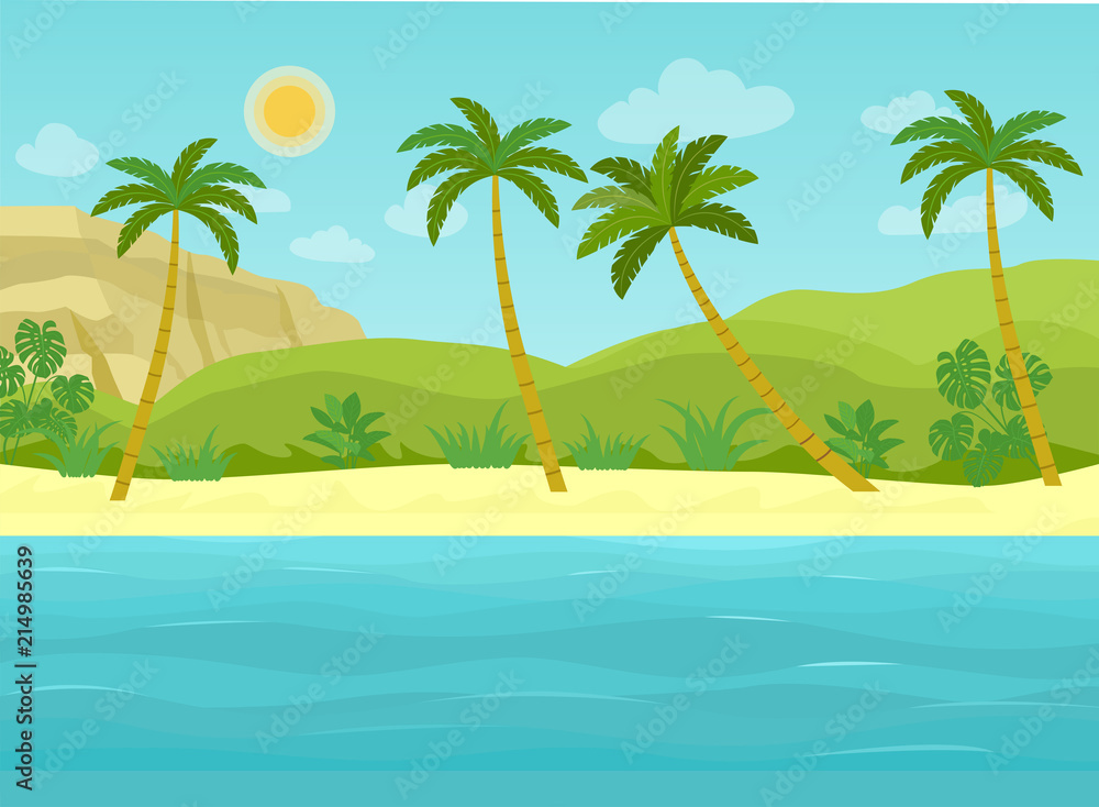 Tropical landscape with palm trees, ocean and mountain. Vector flat style illustration