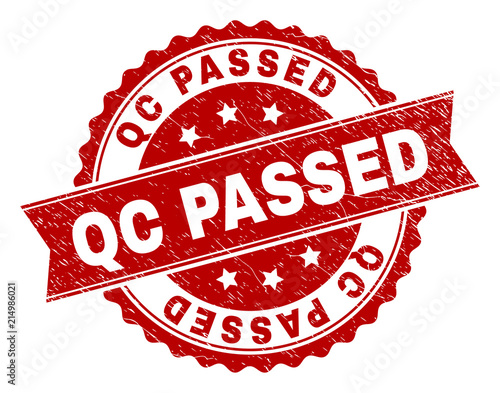 QC PASSED seal print with distress texture. Rubber seal imitation has circle medal form and contains ribbon. Red vector rubber print of QC PASSED title with corroded texture.
