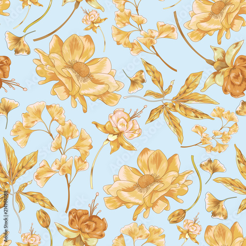 Fototapeta Naklejka Na Ścianę i Meble -  Golden Poppies Seamless Vector Pattern