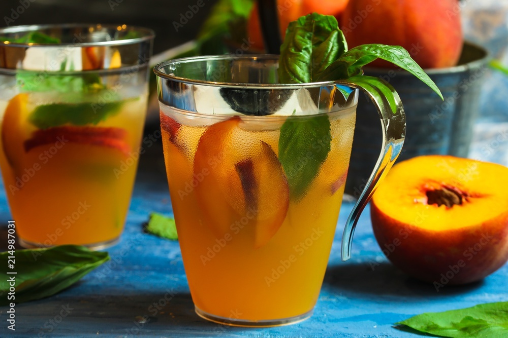 Homemade Peach Basil Cocktail drink / Sangria, selective focus - obrazy, fototapety, plakaty 