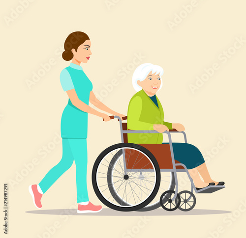 Nurse strolling with elder grey haired woman in wheelchair. Vector flat style illustration