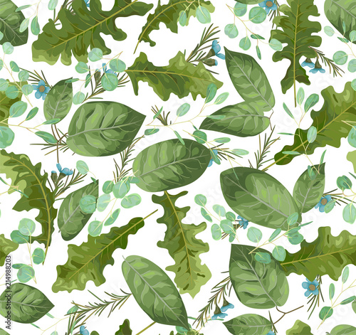 Vector watercolor foliage background for wedding invitations, greeting cards, advertising, wallpaper, sale, labels. Green leaves of a rose, eucalyptus, gerbera and wax flowers