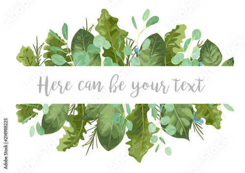 Vector leaf frame for wedding invitations, postcards, advertising, sales, labels. Green rose leaves, eucalyptus, gerbera and wax flowers isolated on white background