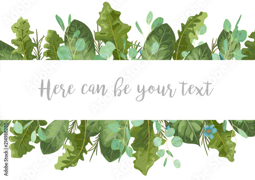 Foliage template banner frame for wedding invitations, greeting cards, advertising, sales, labels. Leaves of a rose, eucalyptus, gerbera and wax flowers isolated on white