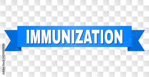 IMMUNIZATION text on a ribbon. Designed with white title and blue tape. Vector banner with IMMUNIZATION tag on a transparent background.