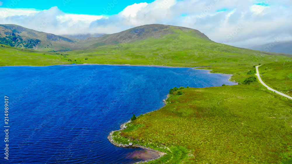 The typical landscape of the Scottish Highlands - aerial view