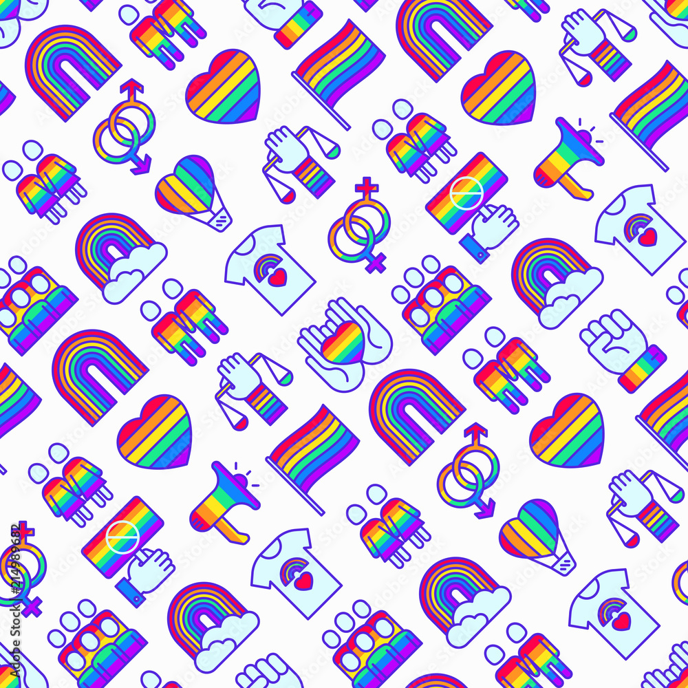 LGBT seamless pattern with thin line icons: gay, lesbian, rainbow, coming  out, free love, flag, support, stop homophobia, LGBT rights, pride day.  Modern vector illustration. Векторный объект Stock | Adobe Stock