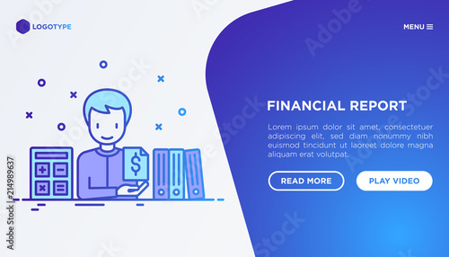 Financial report concept: accountant with calculator and financial documents in folders. Modern vector illustration, web page template on gradient background.
