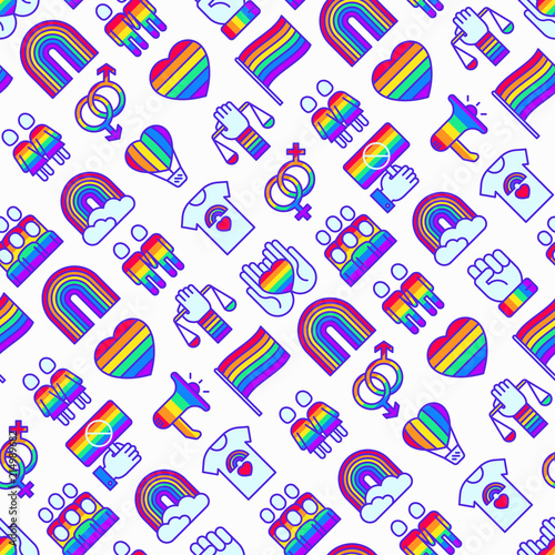 LGBT seamless pattern with thin line icons: gay, lesbian, rainbow, coming out, free love, flag, support, stop homophobia, LGBT rights, pride day. Modern vector illustration.