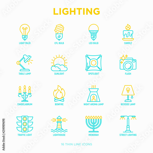 Lighting thin line icons set: bulb, LED, CFL, candle, table lamp, sunlight, spotlight, flash, candelabrum, bonfire, menorah, lighthouse, night aroma lamp. Modern vector illustration.
