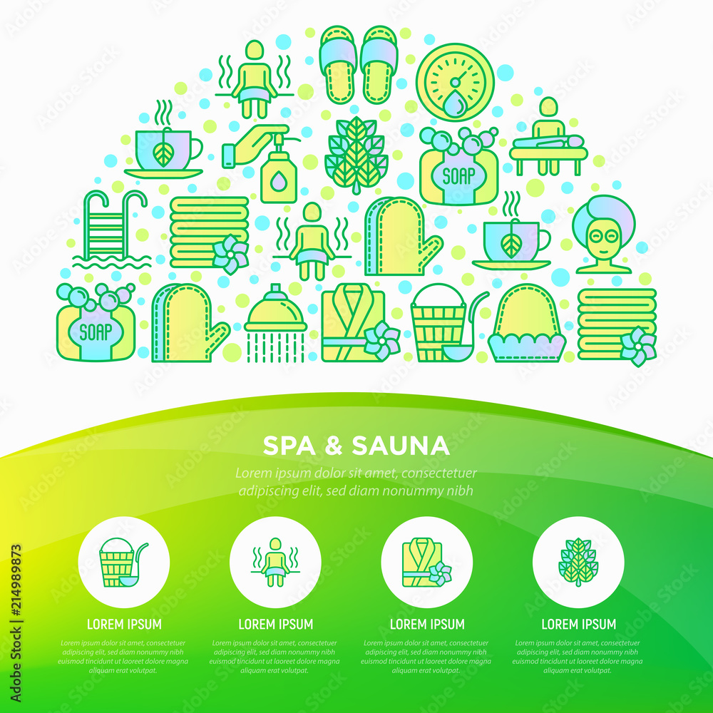 Spa & sauna concept in half circle with thin line icons: massage oil, towels, steam room, shower, soap, pail and ladle, herbal tea, birch, whisk. Modern vector illustration, web page template.