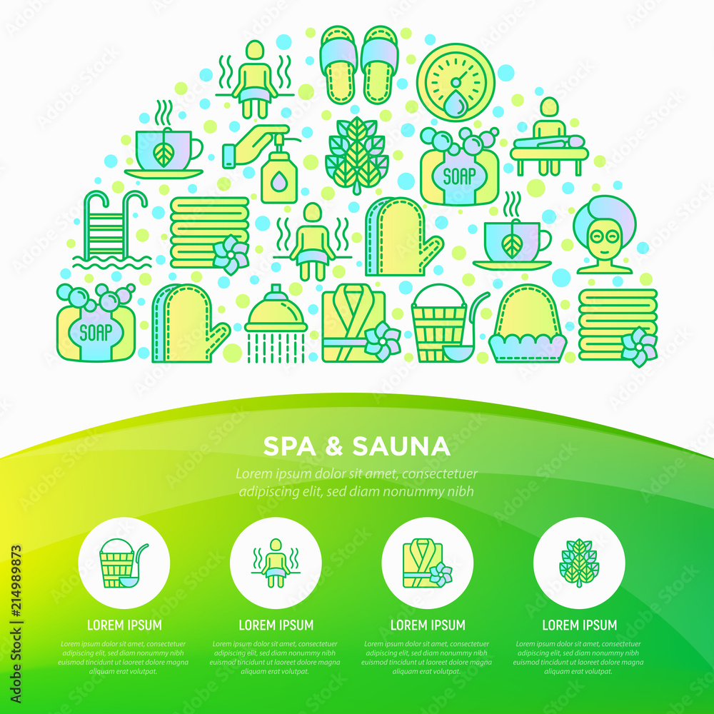 Spa & sauna concept in half circle with thin line icons: massage oil, towels, steam room, shower, soap, pail and ladle, herbal tea, birch, whisk. Modern vector illustration, web page template. Spa & sauna concept in half circle with thin line icons: massage oil, towels, steam room, shower, soap, pail and ladle, herbal tea, birch, whisk. Modern vector illustration, web page template.