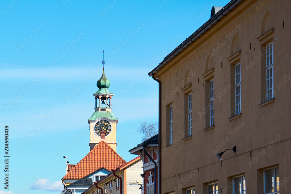  Old town hall with clocktower in Rauma city, Finland.