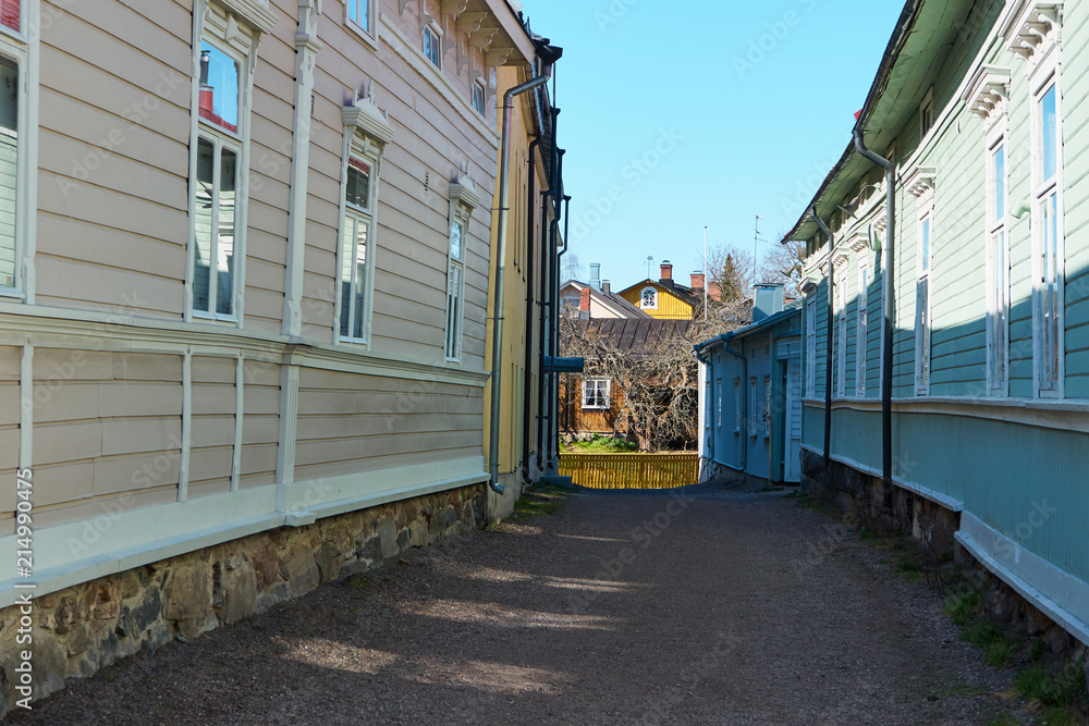   Old houses and streets of old town of Rauma city, Finland.  
