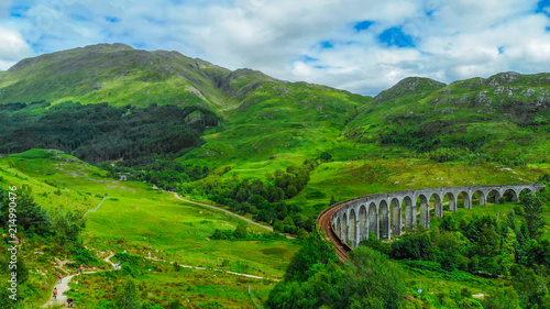 Aerial view over the famous Glenfinnan viaduct in the highlands of Scotland
